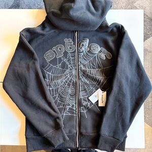 Men's Black Zip-Up Rhinestone Sweater with Spider Web Design
